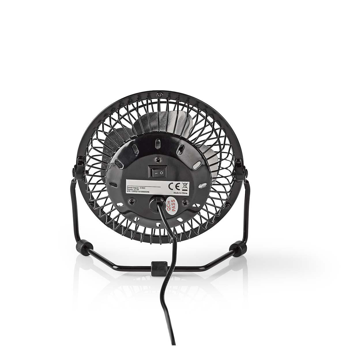 Schwarzer Schreibtischventilator von hinten gesehen mit schwarzem Rahmen und weißem Hintergrund.