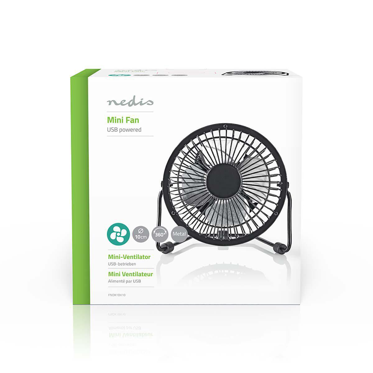 Mini-Ventilator in einer Box. Schwarzer Ventilator, schwarzer Ständer.