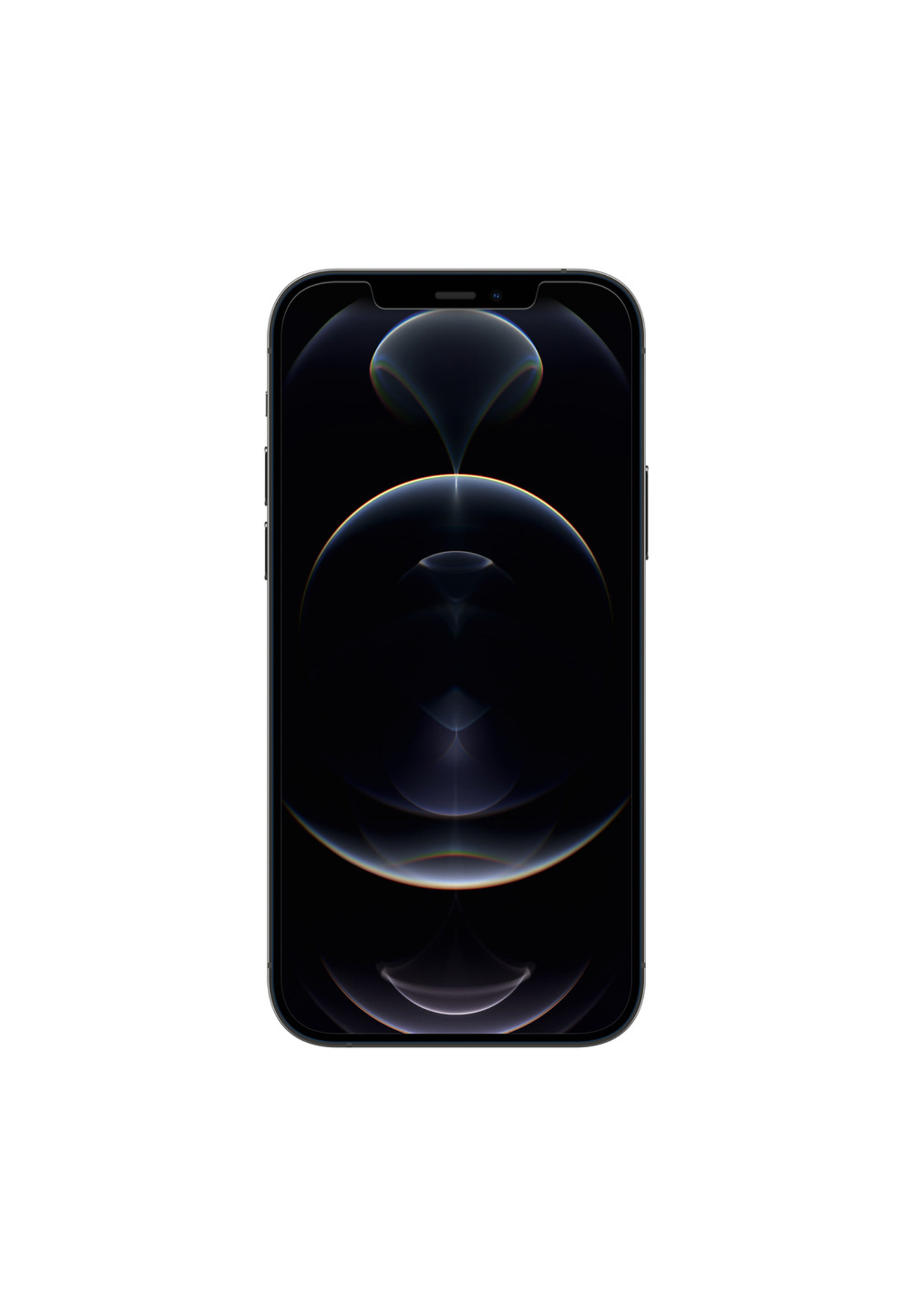 Un iPhone nero su sfondo bianco. Lo schermo mostra un'immagine scura e astratta.