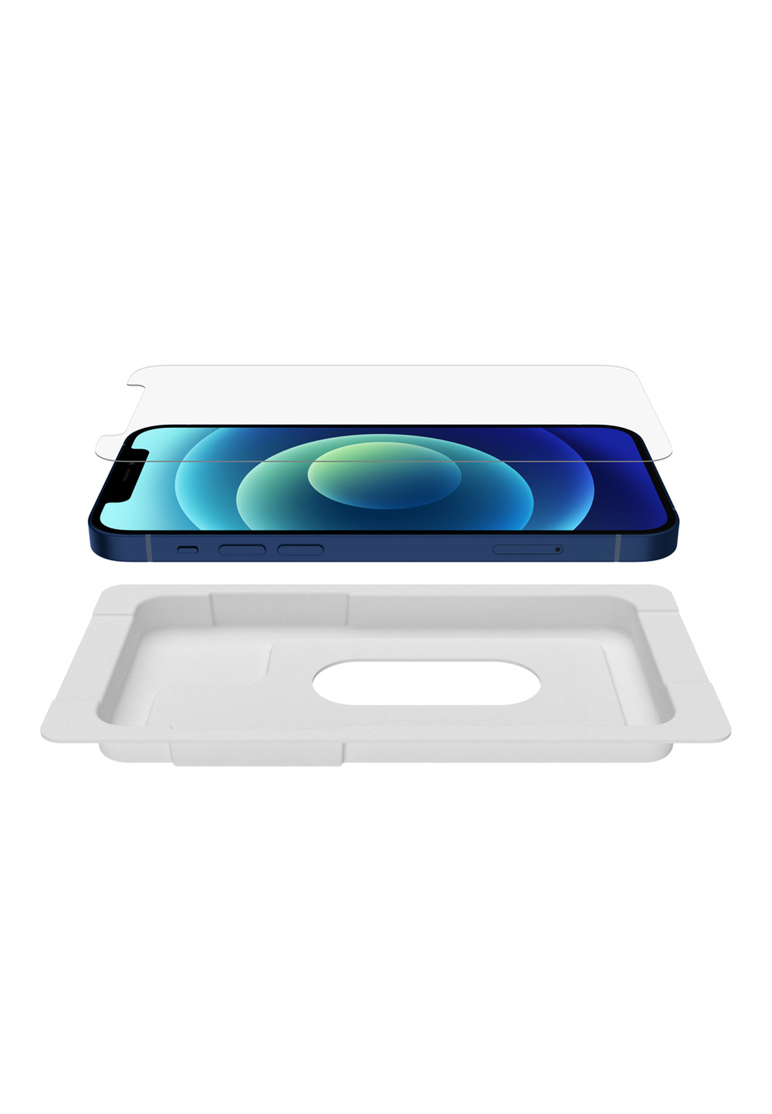 Un iPhone con una protezione per lo schermo sopra e un vassoio bianco sotto. Il telefono è blu.