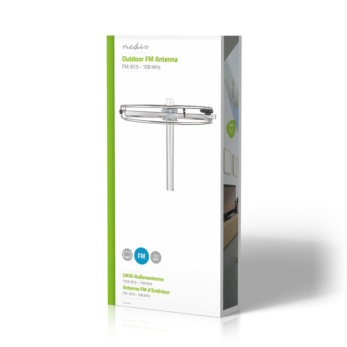 Outdoor-FM-Antennenbox, weiß und grün, mit Antennenillustration und Produkttext.