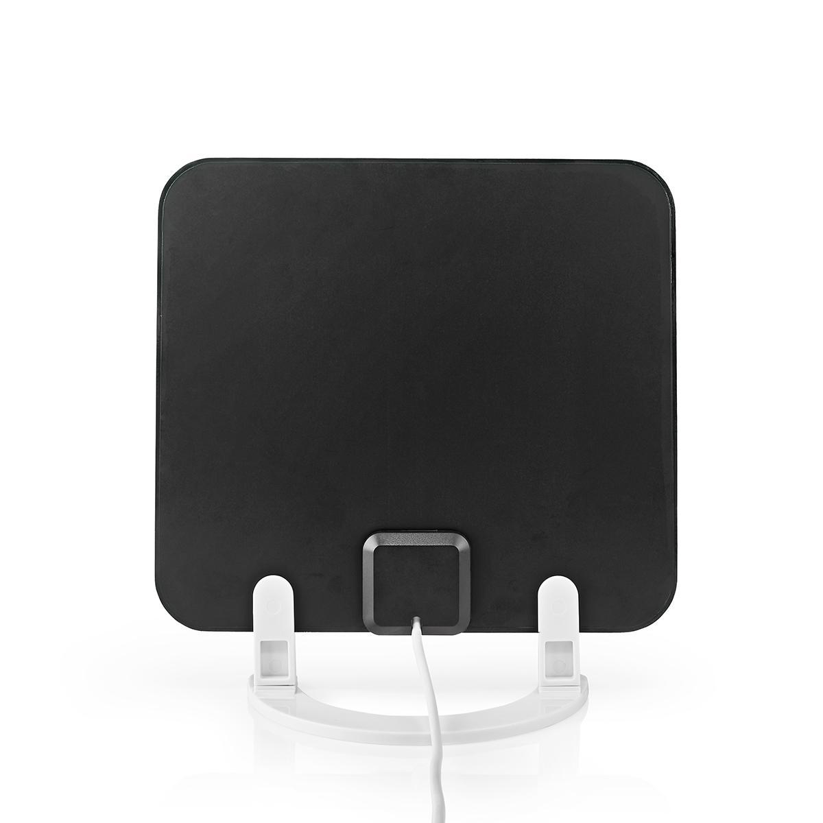 Antenne noire sur un support blanc, avec câble.