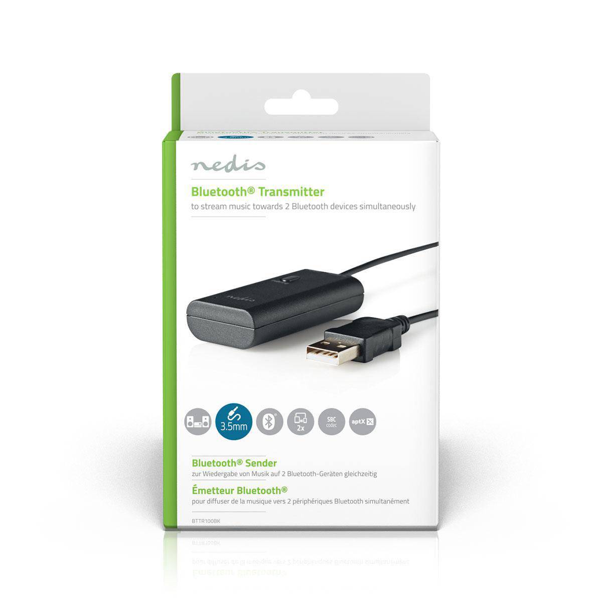 Scatola nera del trasmettitore Bluetooth. La scatola ha l'immagine di un trasmettitore e un cavo USB.