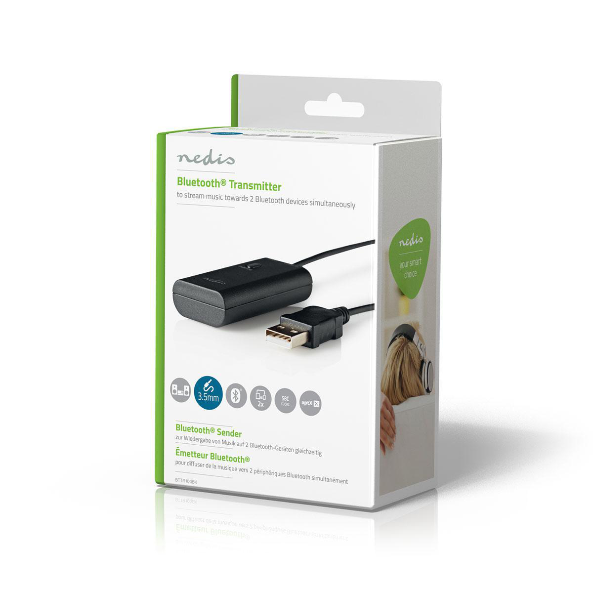Una scatola per trasmettitore Bluetooth con un dispositivo nero e un cavo USB, con informazioni sul prodotto sulla scatola.
