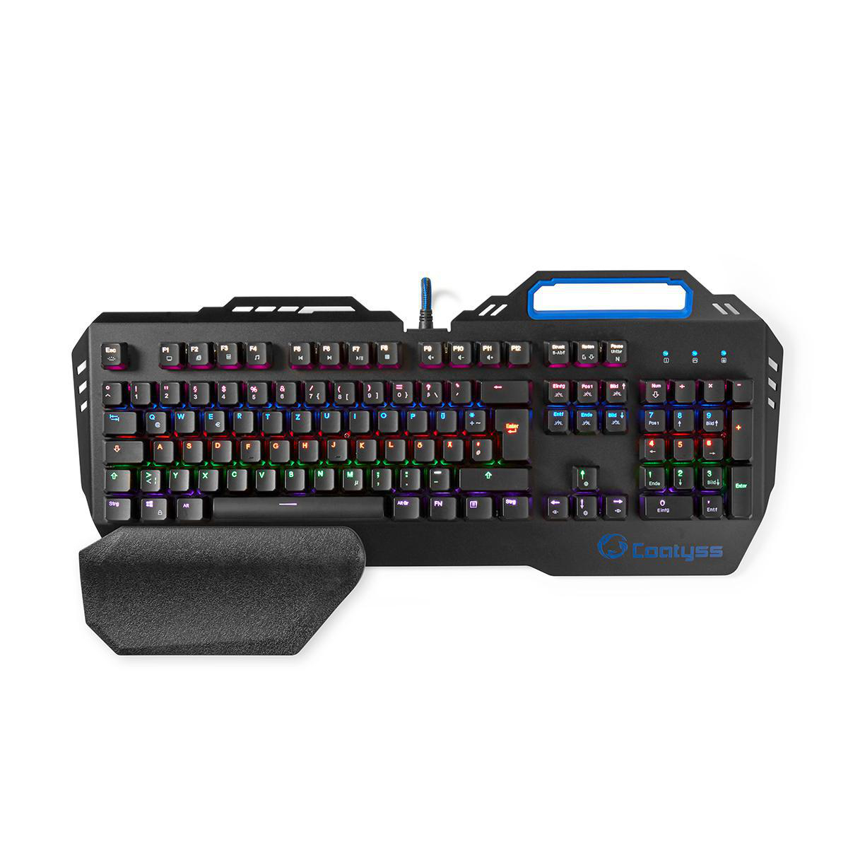 Schwarze Gaming-Tastatur mit farbigen Tasten und Handgelenkauflage.