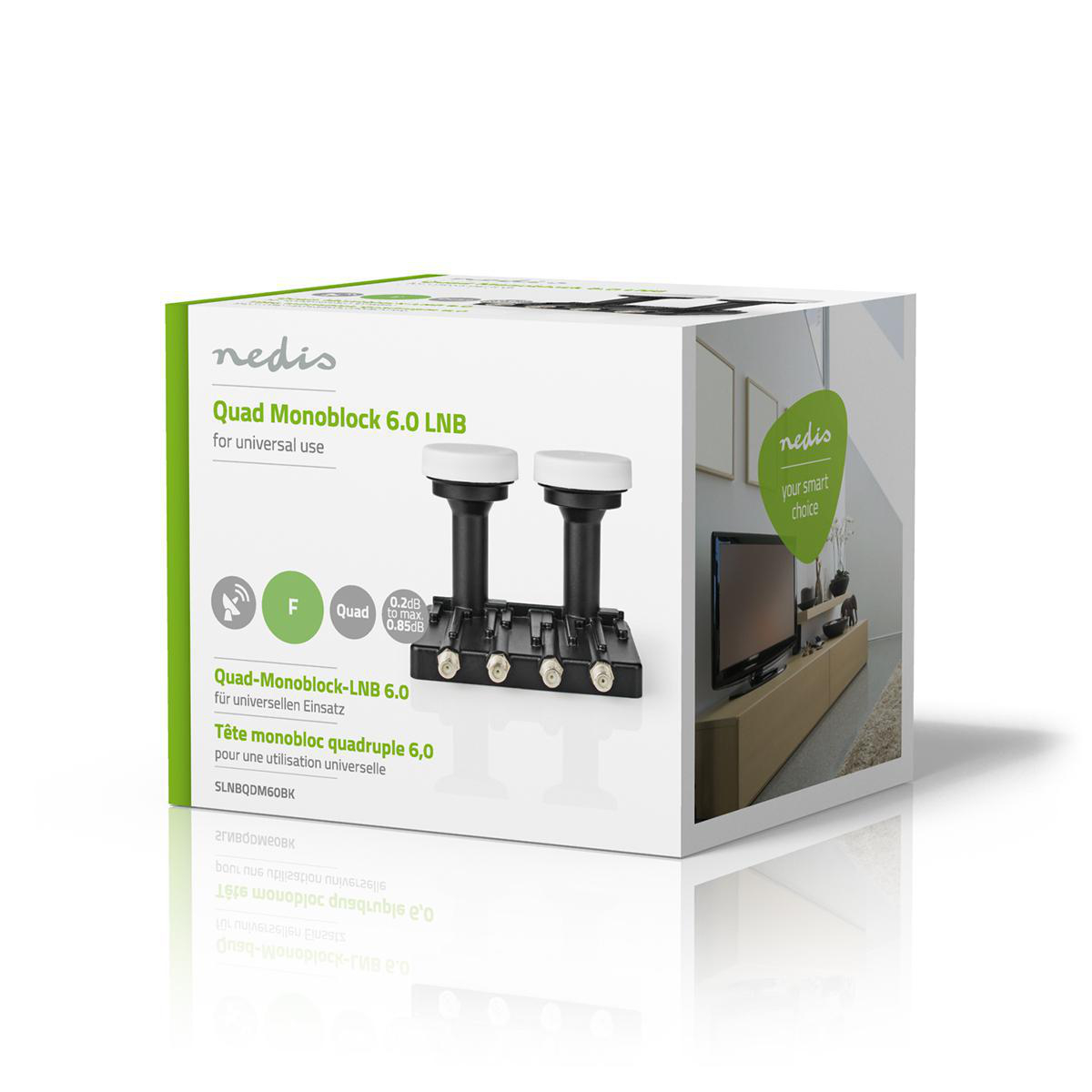 Box für einen Quad-Monoblock-LNB. Es hat Bilder von Satellitenausrüstung. Grün und Weiß.