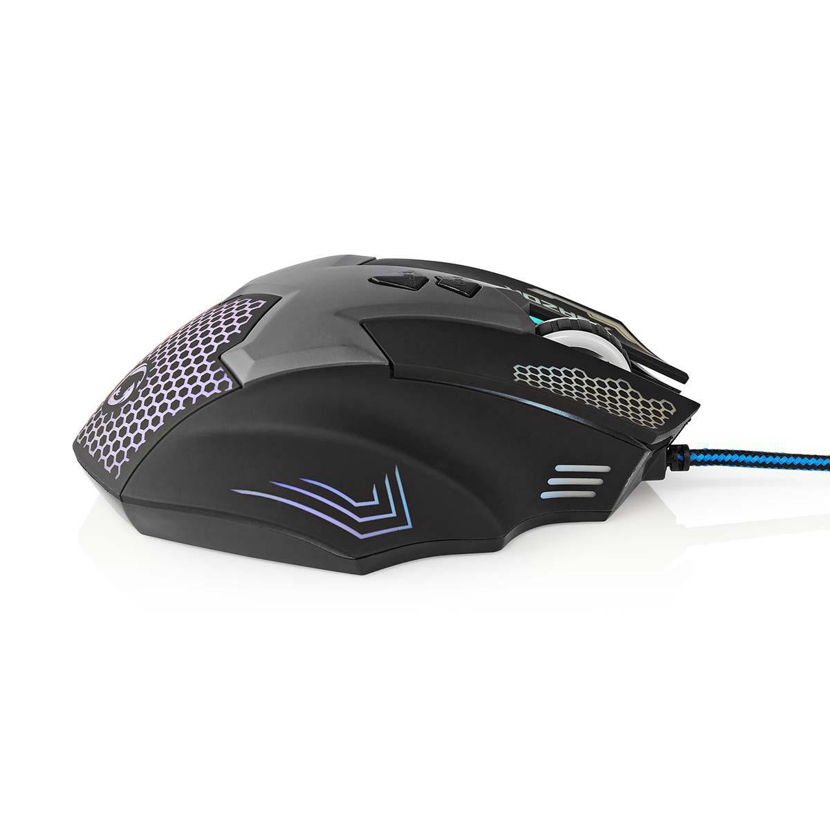 Mouse da gioco nero su bianco. Ha un cavo.