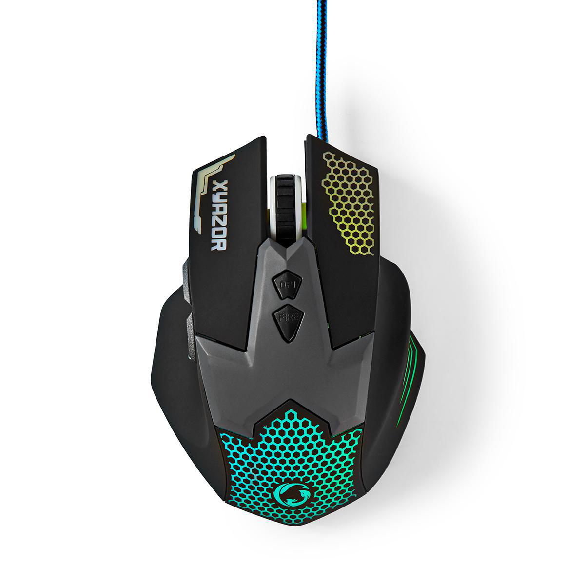 Un mouse da gaming nero con luci colorate, rotella e vari pulsanti. Su sfondo bianco.