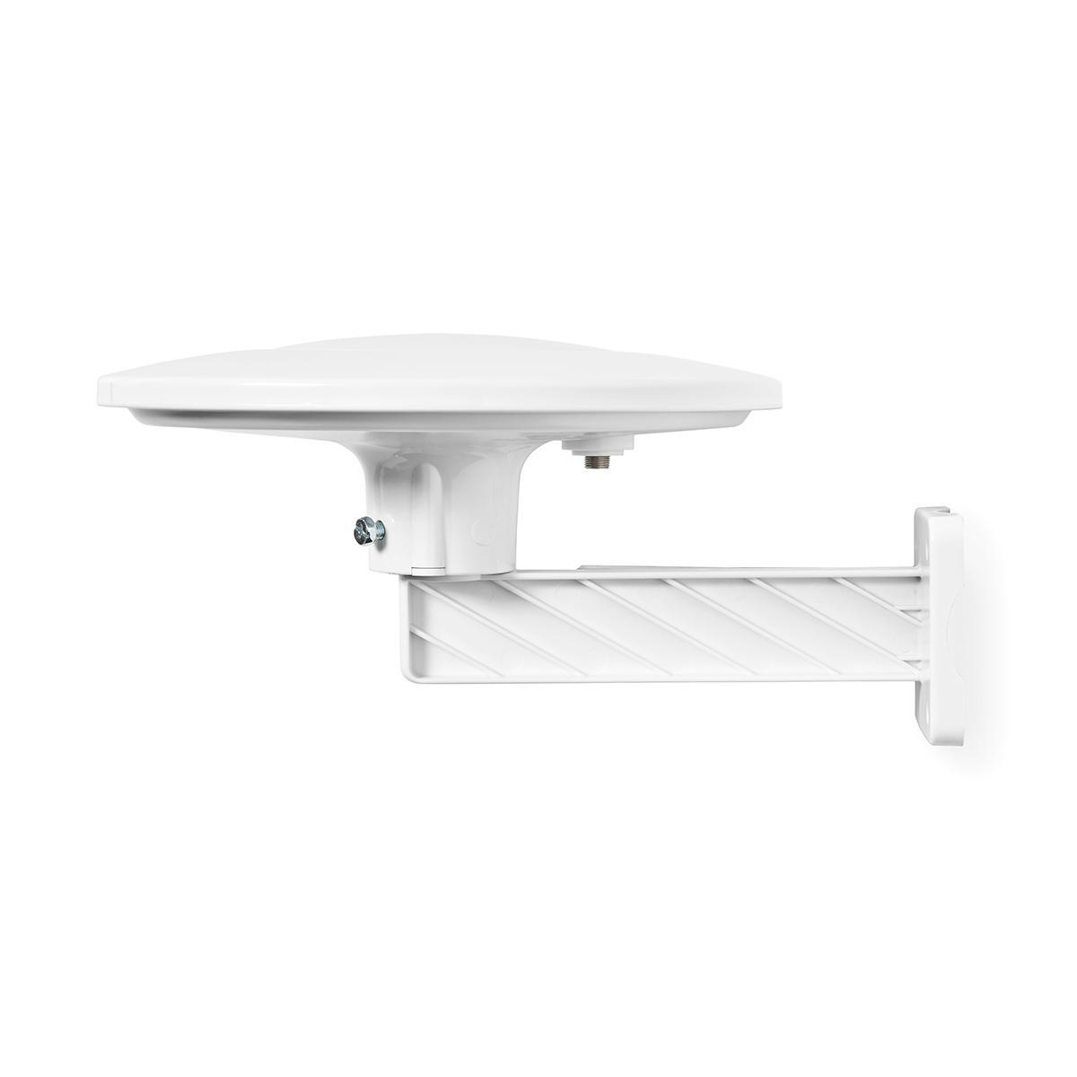 Une antenne blanche montée sur un support blanc, isolée sur fond blanc.
