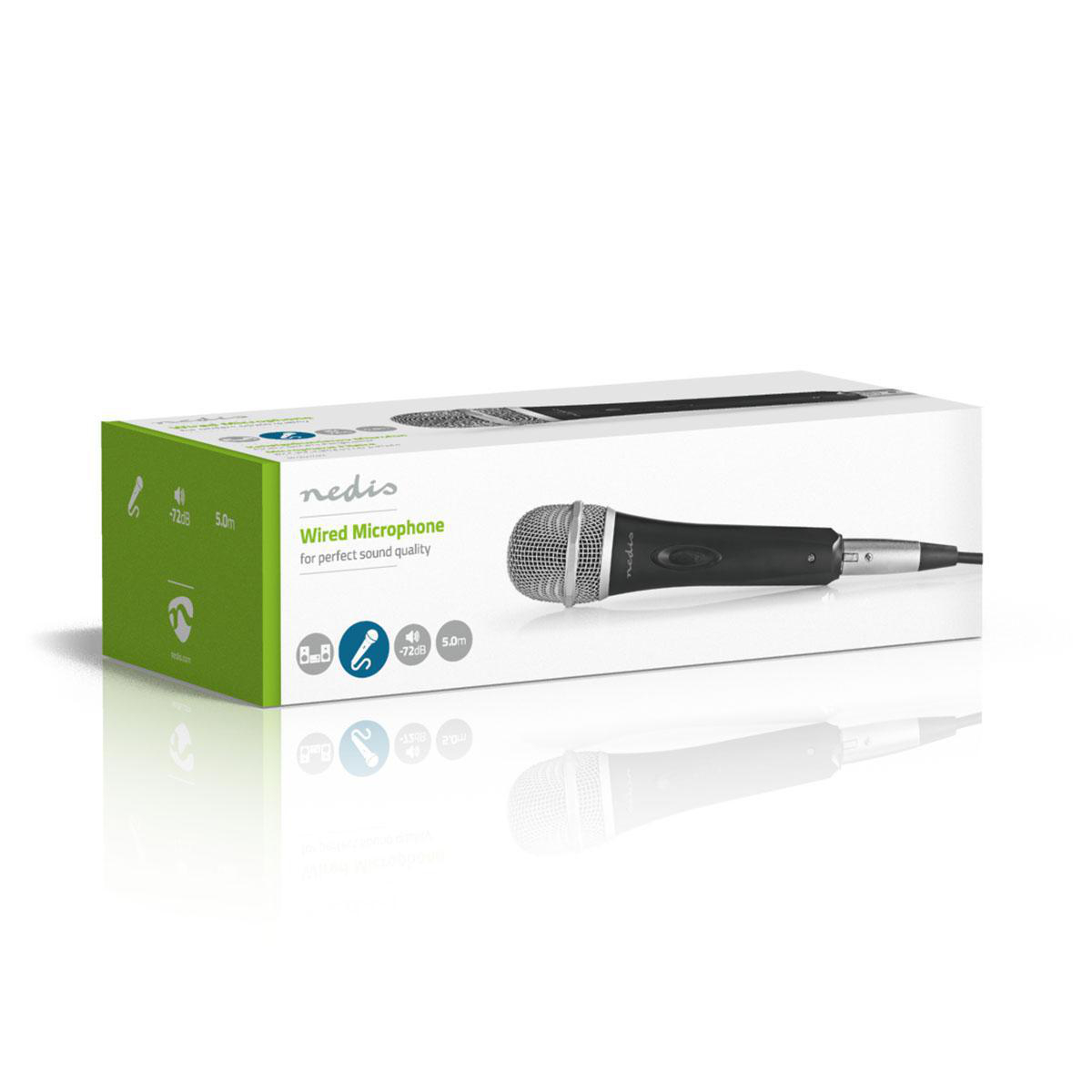 Eine weiße und grüne Schachtel mit einem kabelgebundenen Mikrofon, ein Produkt für perfekte Klangqualität.