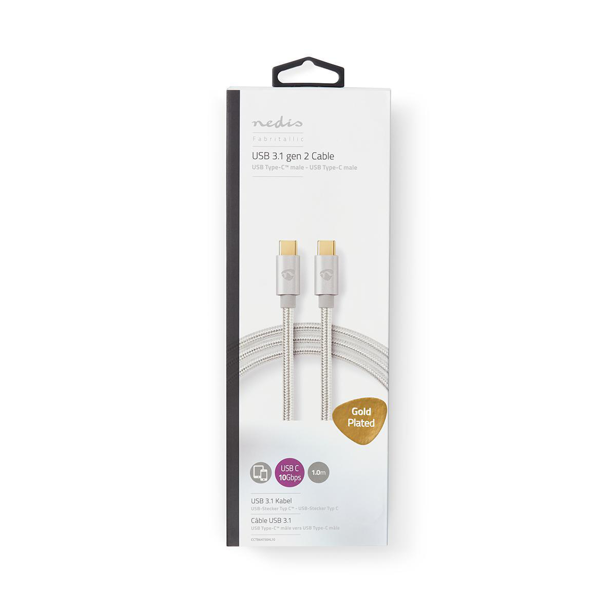 Weißes und silbernes USB 3.1 Kabel in Verpackung, vergoldet.