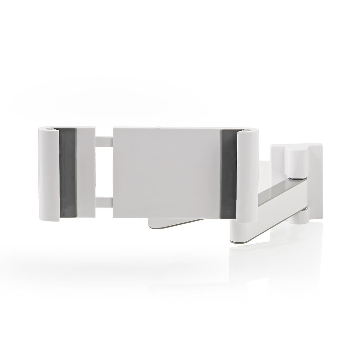 White phone holder with a jointed arm, on a white background.