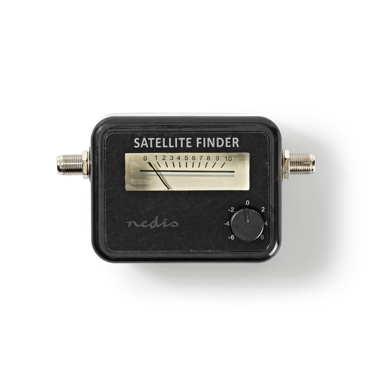 Un cercatore satellitare nero con un quadrante e un ago su sfondo bianco.