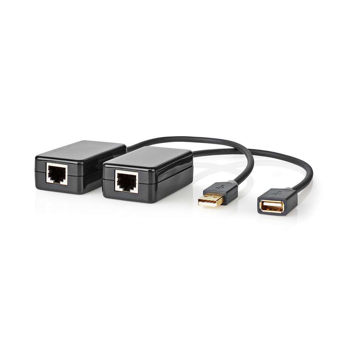 Zwei schwarze RJ45-zu-USB-Adapter. Sie sind durch ein schwarzes Kabel verbunden.