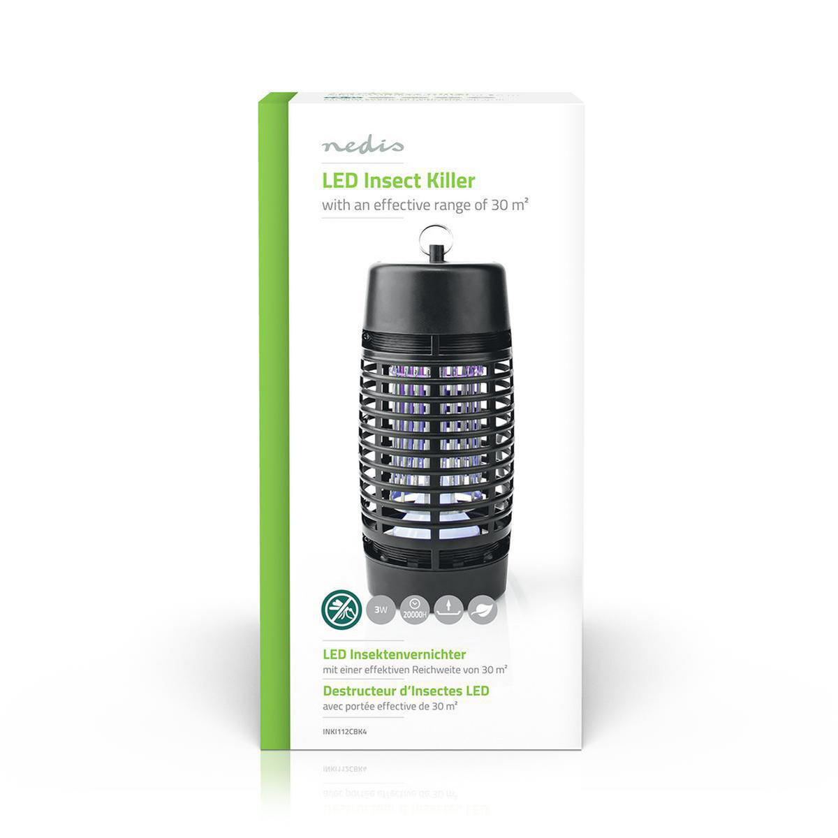 Schwarzer LED-Insektenvernichter in einer Box, weißer Hintergrund.