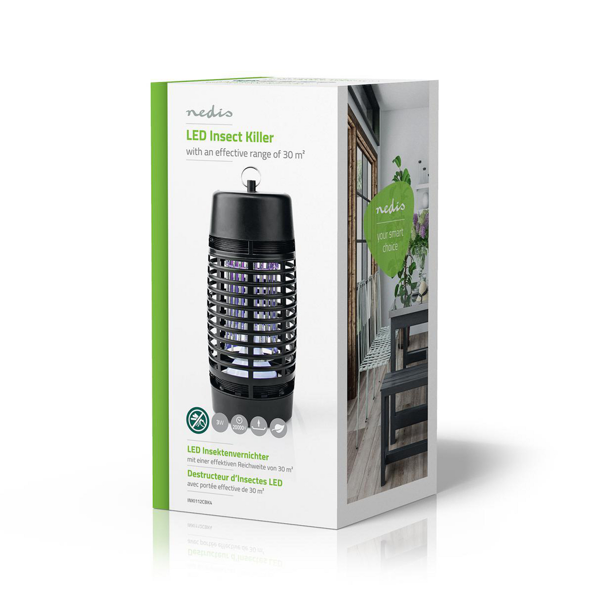 Verpackter schwarzer LED-Insektenvernichter. Die Box zeigt ein Bild des Produkts und seine Spezifikationen.