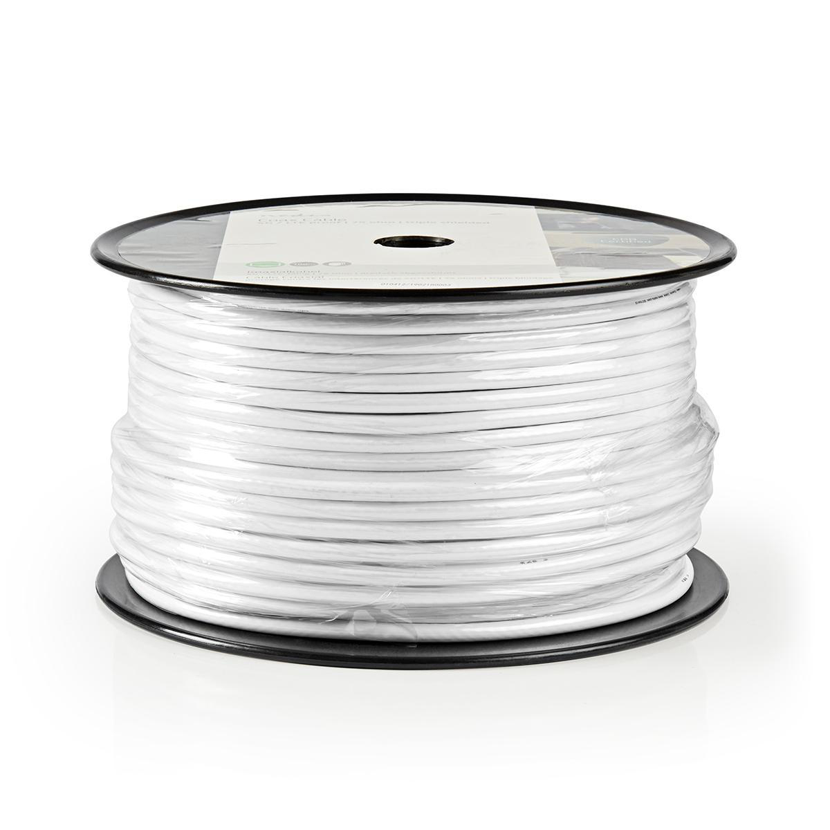 Witte kabel op een zwarte spoel op een witte achtergrond.