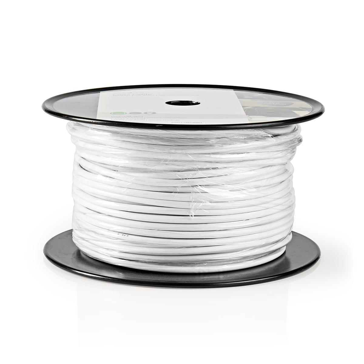 Weiße Kabeltrommel, mit weißem Kabel, auf schwarzem Sockel.