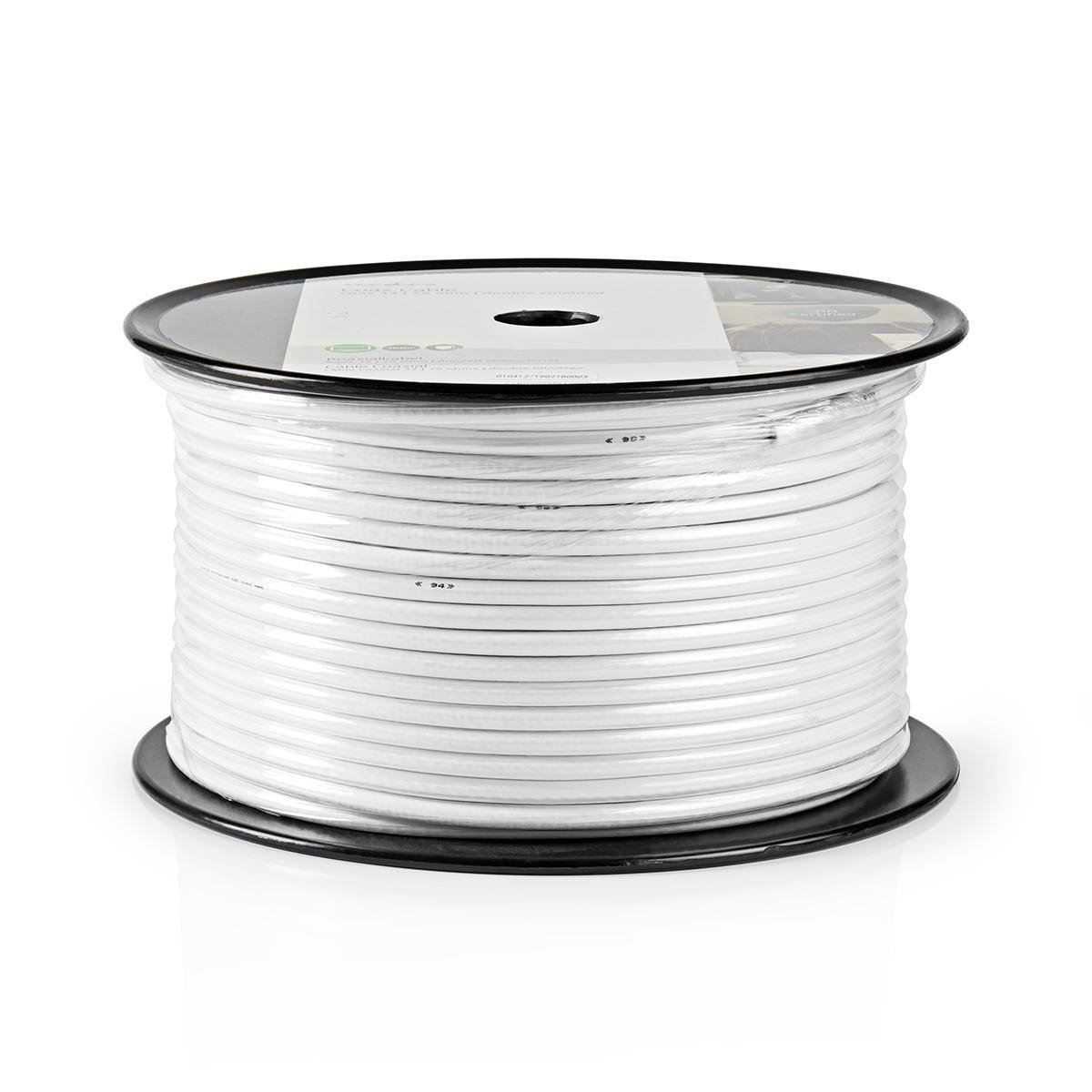 Weißes Kabel auf schwarzem Sockel aufgewickelt. Das Kabel ist sauber gewickelt und versiegelt.