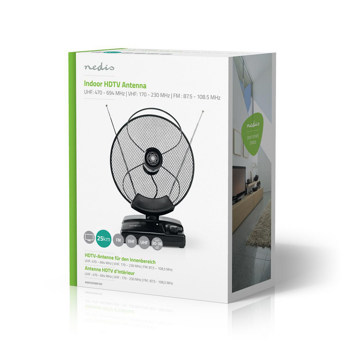HDTV-Innenantenne in einer Box, mit schwarzer Antenne und grün-weißem Karton.