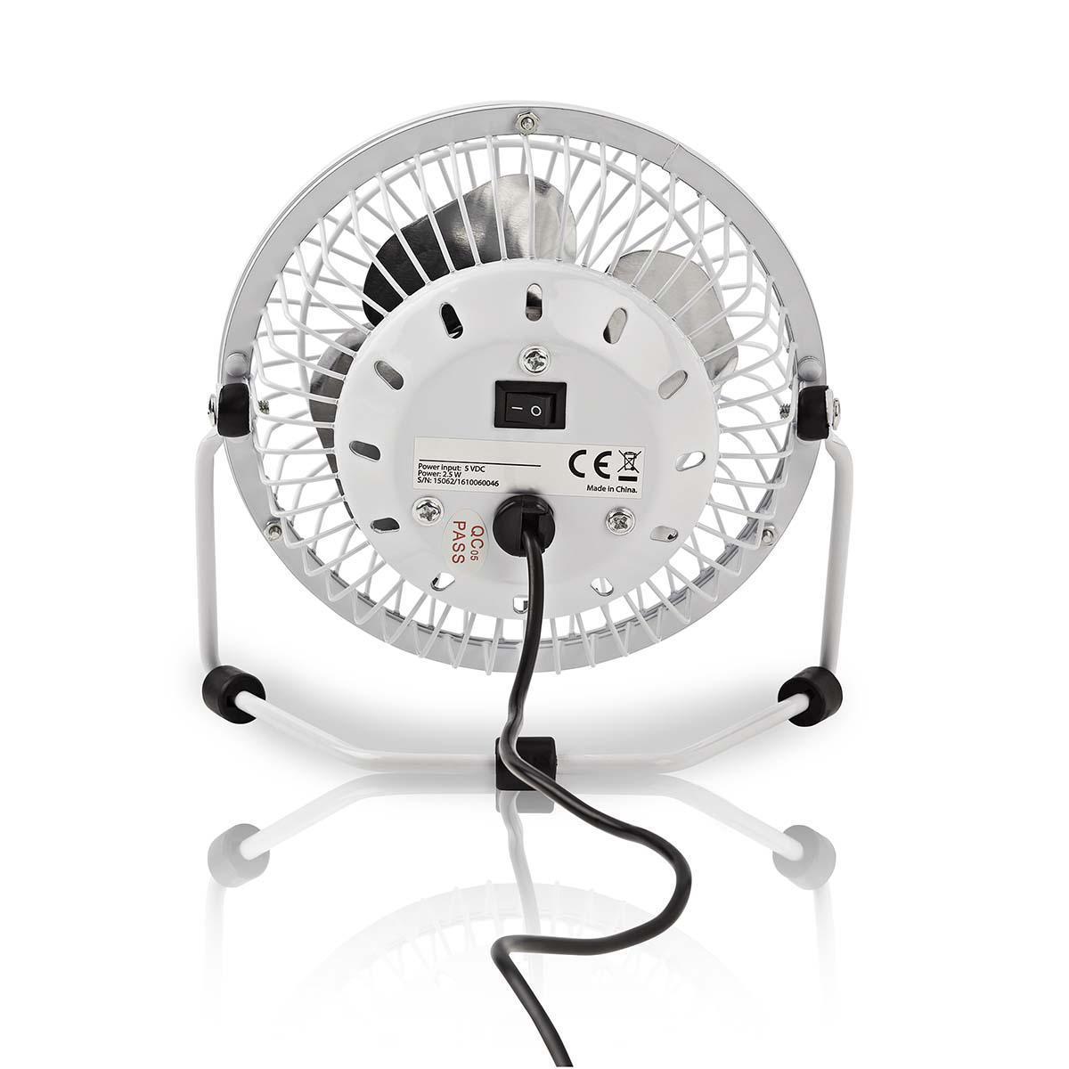 Ein kleiner weißer Ventilator mit einem Metallkäfig. Der Ventilator steht auf einer weißen Oberfläche. Hat ein schwarzes Netzkabel.