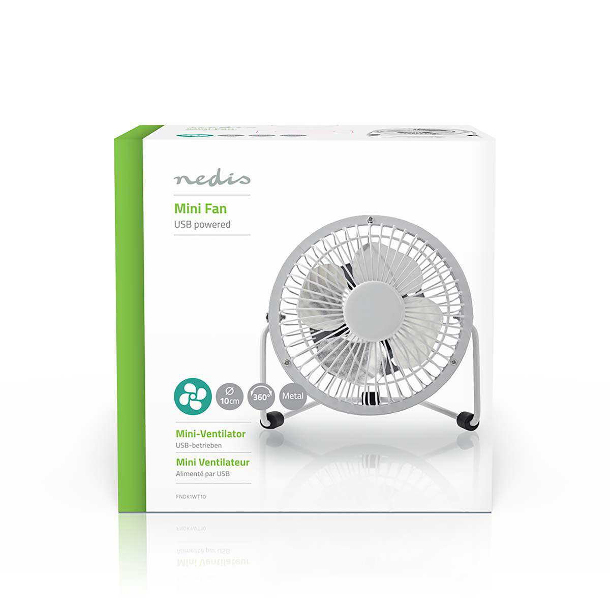 Weiß-grüne Box mit einem Mini-Ventilator darin. Hintergrund: weiß.