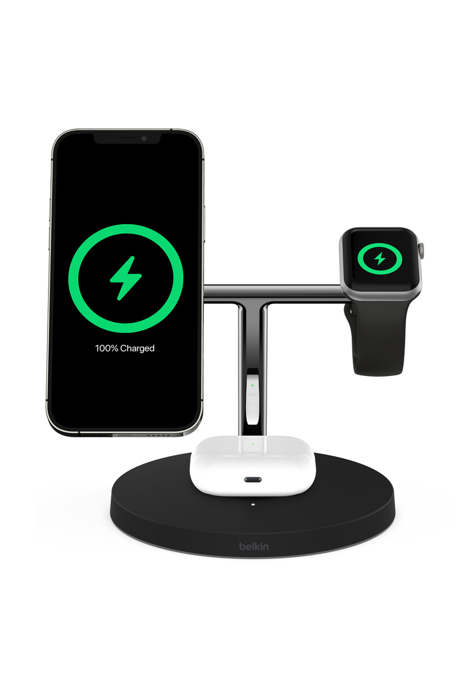 Ladestation mit Telefon, AirPods und Uhr.