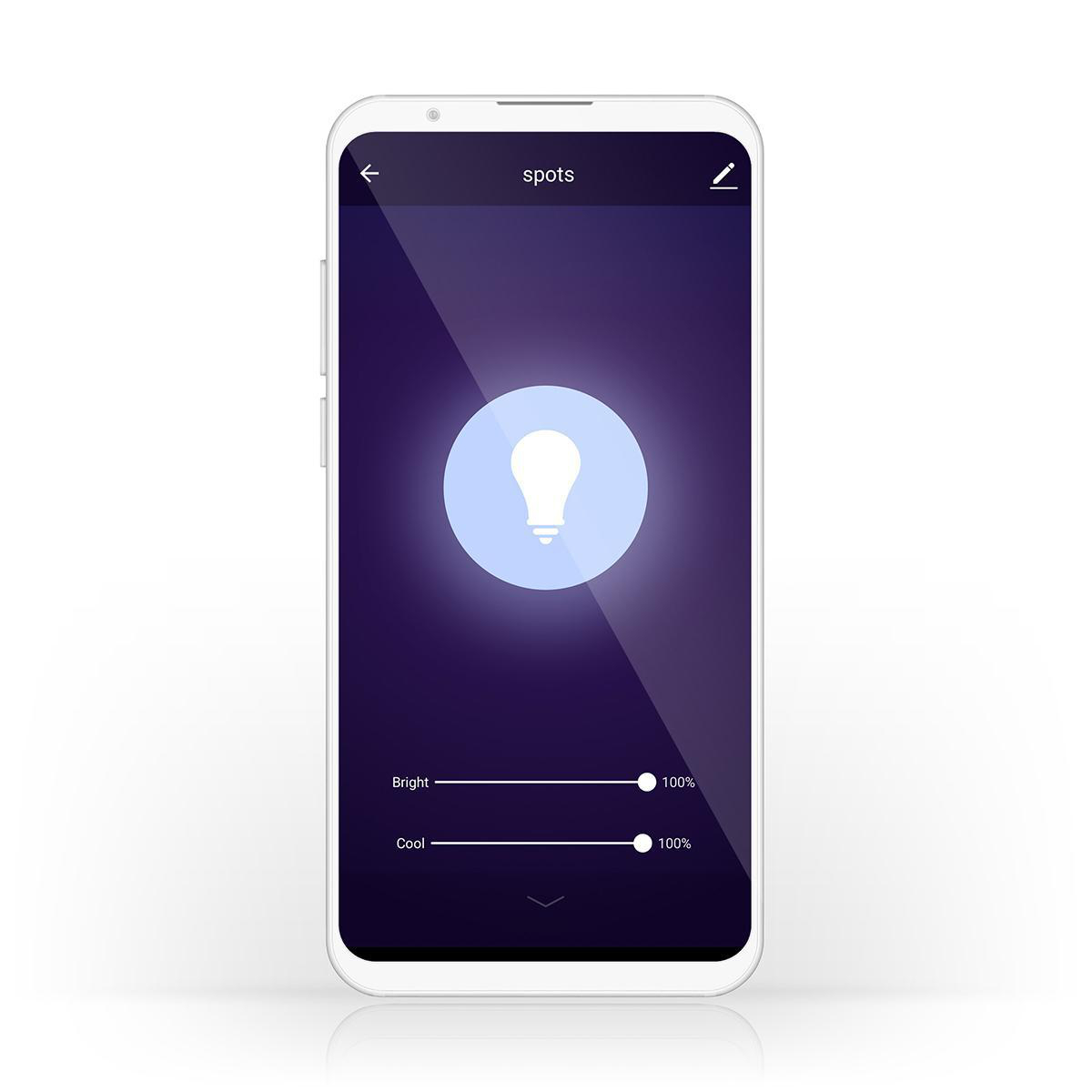 Schermo di uno smartphone bianco che mostra un'icona di lampadina con cursori di luminosità e temperatura.