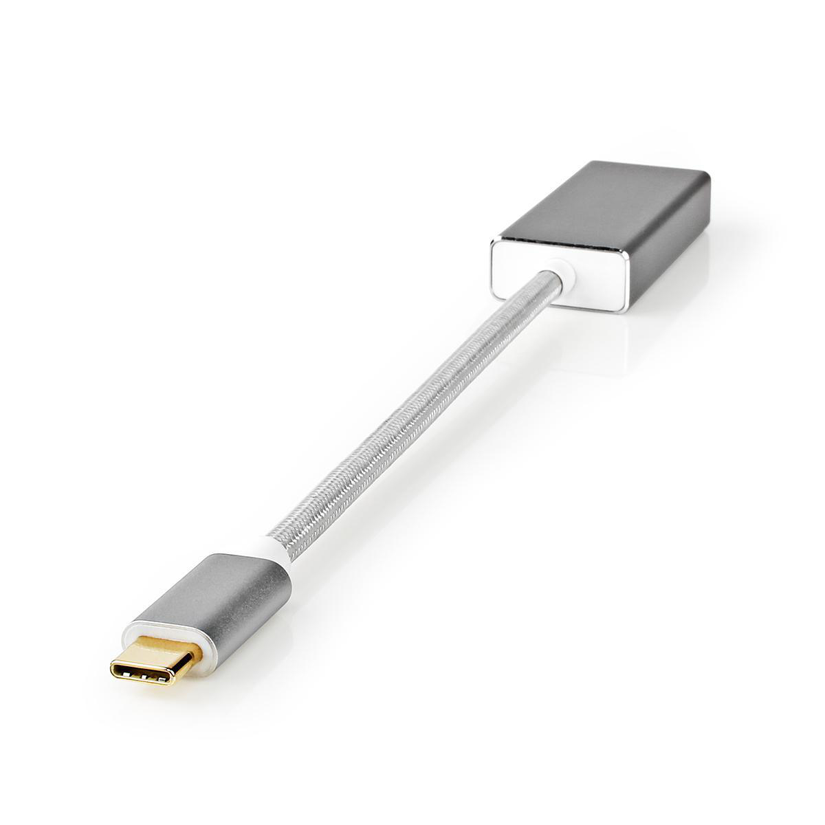 Ein silberner USB-C-zu-HDMI-Adapter. Er ist silber und hat ein geflochtenes Kabel und einen USB-C-Anschluss.