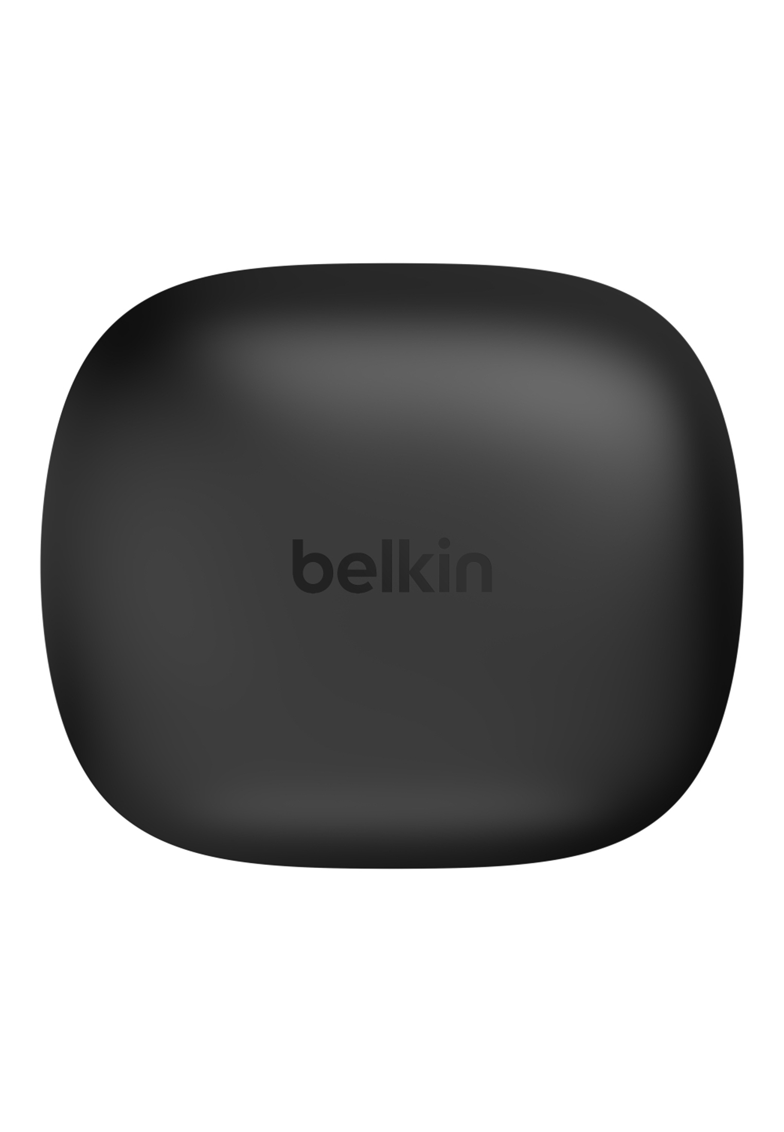 Custodia di ricarica per auricolari wireless Belkin nera, con il logo Belkin, su sfondo bianco.