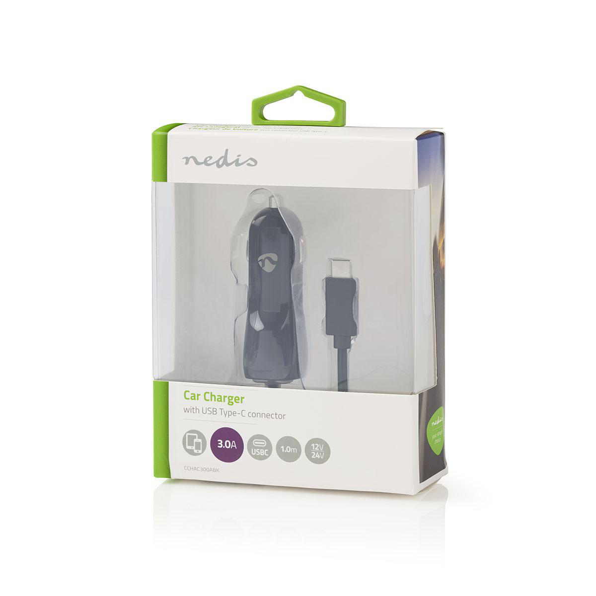 Ein Autoladegerät mit USB Typ-C-Anschluss, verpackt in einer transparenten Box.