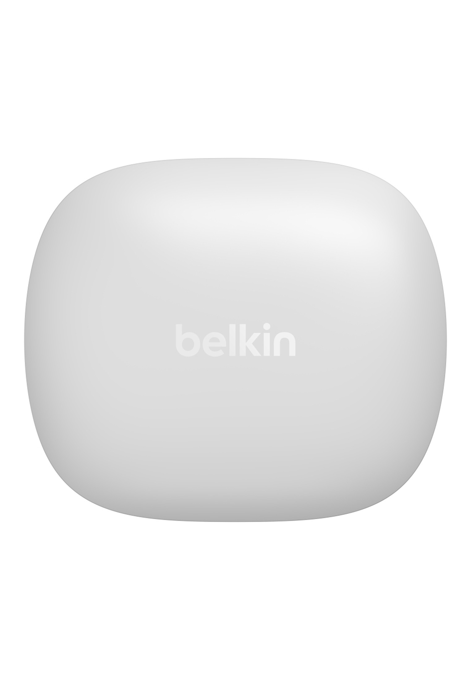Białe urządzenie Belkin. Urządzenie ma zaokrąglony kwadratowy kształt z logo Belkin.