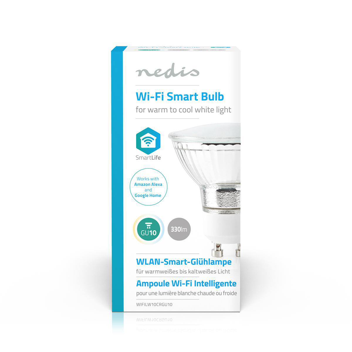 Inteligentna żarówka w pudełku z tekstem i logo, na białym tle.