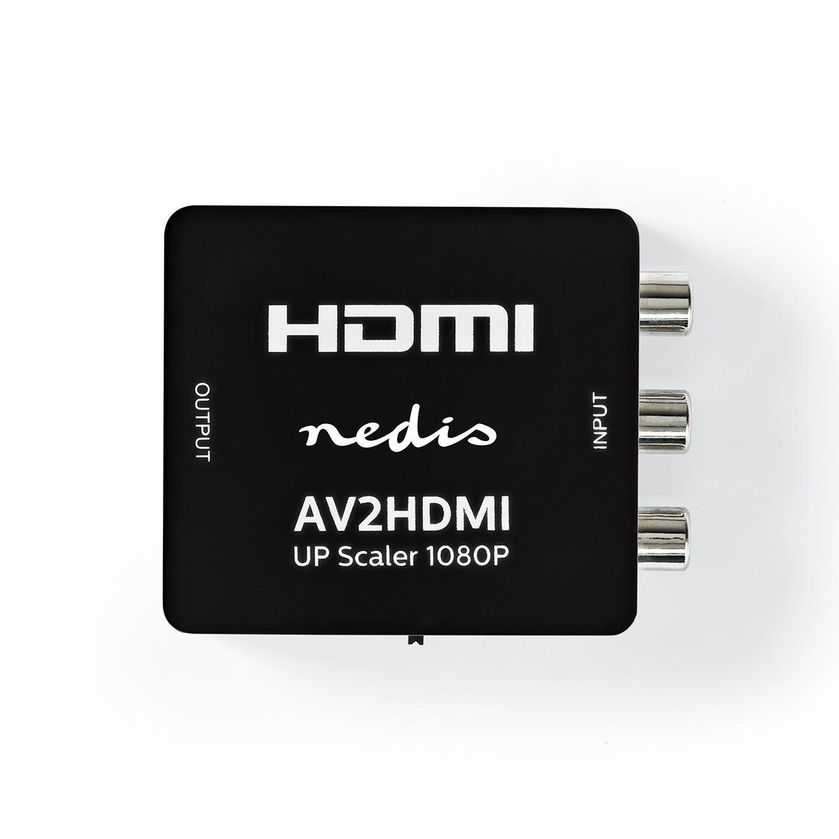 Schwarze HDMI-zu-AV-Konverterbox. Liest 'HDMI nedis AV2HDMI UP Scaler 1080P'.