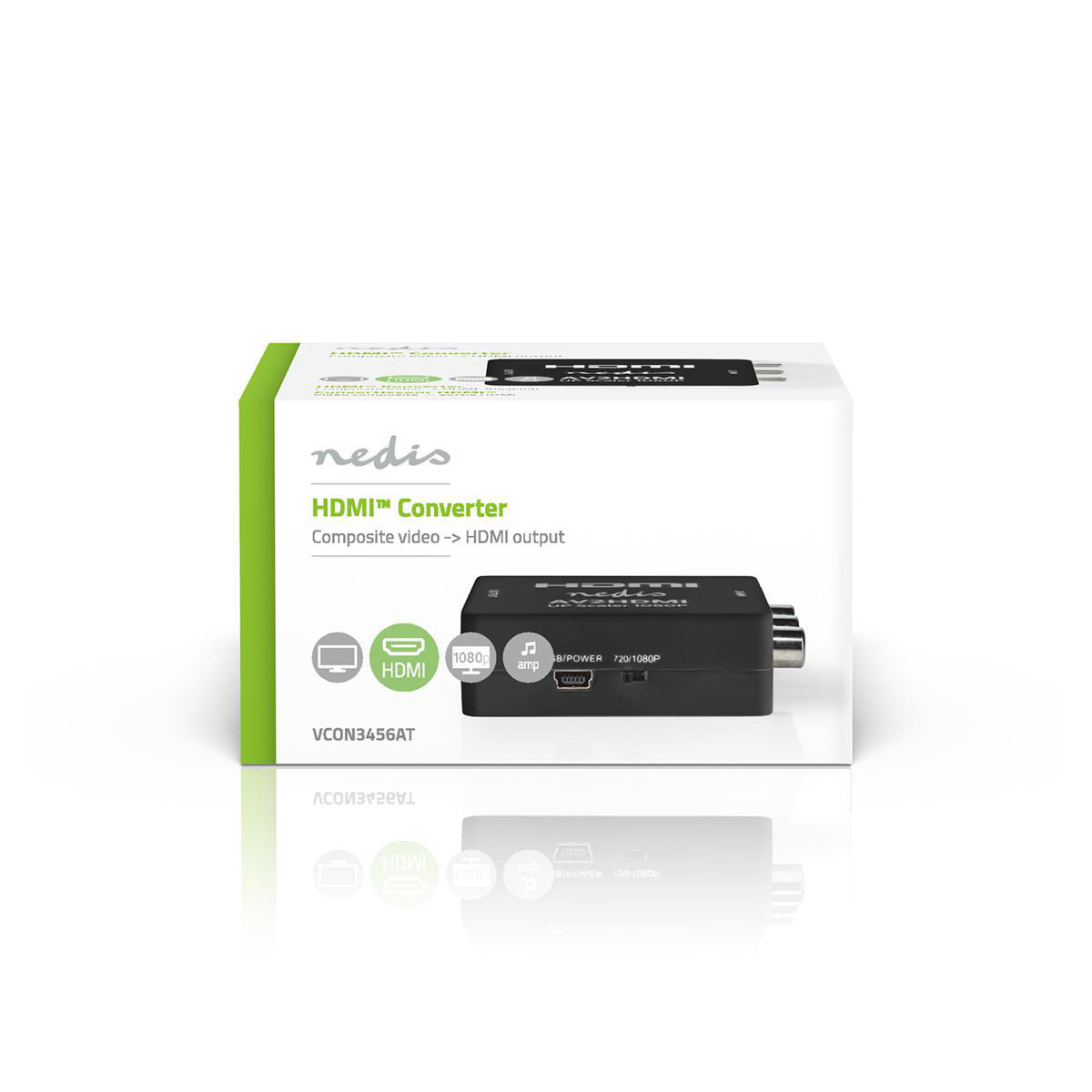 Box mit einem schwarzen HDMI-Konverter, Produktinformationen und weißem Hintergrund.