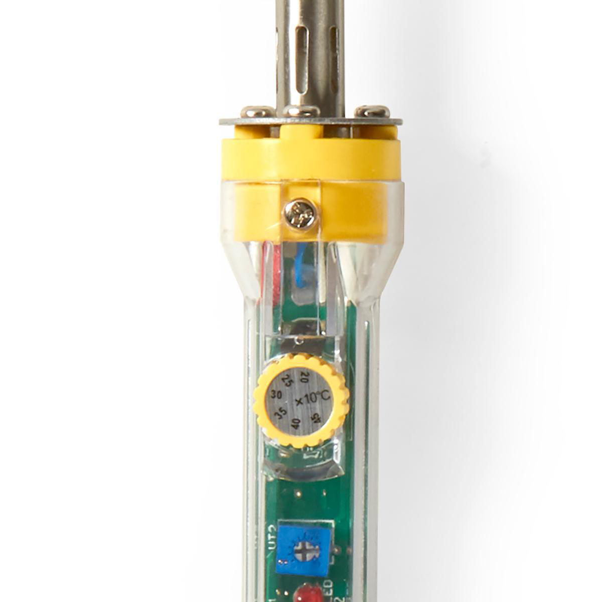 Zbliżenie końcówki lutownicy. Ma żółty i przezroczysty plastikowy uchwyt z cyfrowym wyświetlaczem.