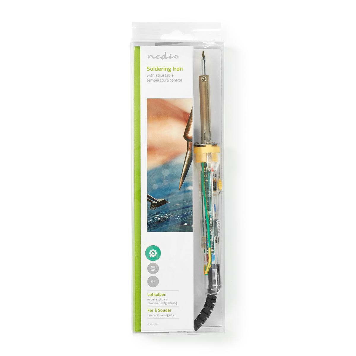 Lutownica w opakowaniu. Białe tło. Opakowanie zawiera lutownicę i etykiety.