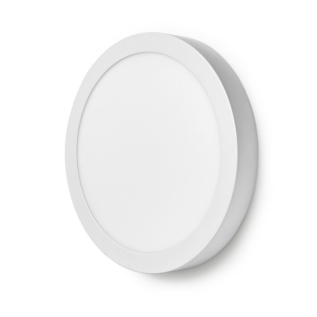 Plafoniera circolare bianca. È un disco piatto con un bordo leggermente rialzato.
