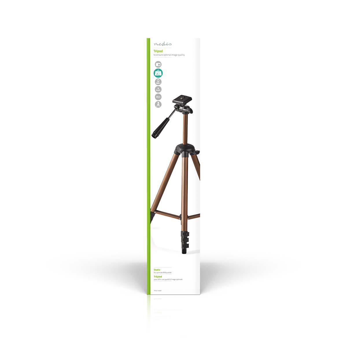 A tripod in a box. The box is green and white.
