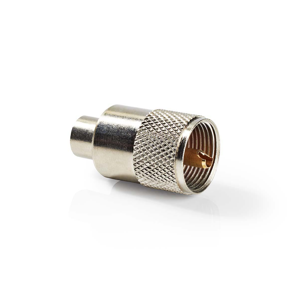Silver adapter with a textured grip, angled slightly on a white surface. Gold connector inside.