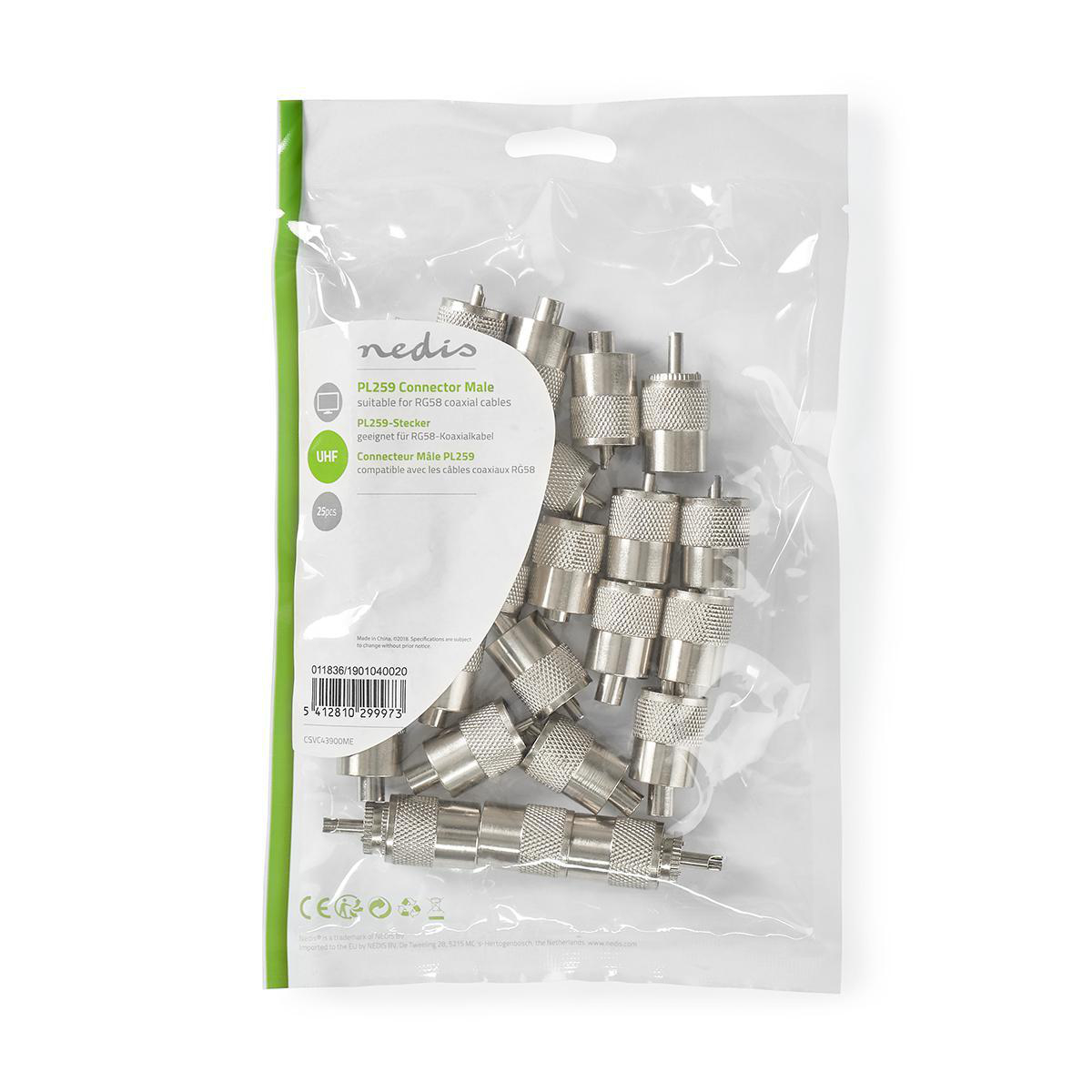 Plastic bag with multiple PL259 connectors for RG58 coaxial cables. Silver connectors are visible.