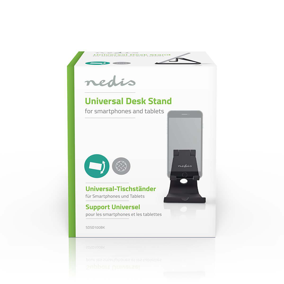 Package for a universal desk stand for smartphones and tablets. The box is white and green. White background.