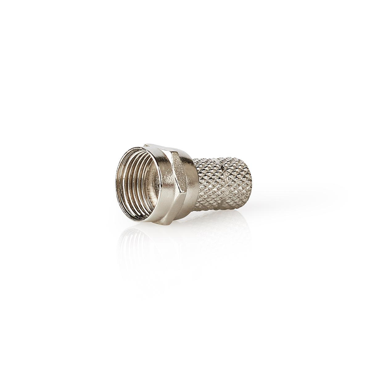 Silberner Koaxialstecker mit Gewinde. Der Stecker ist auf weißem Hintergrund isoliert.