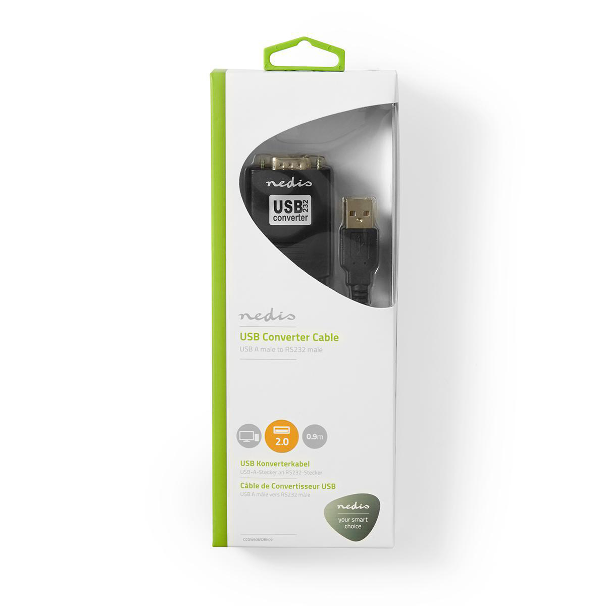 Câble convertisseur USB en boîte, câble noir et tête USB visibles. Emballage vert et blanc.