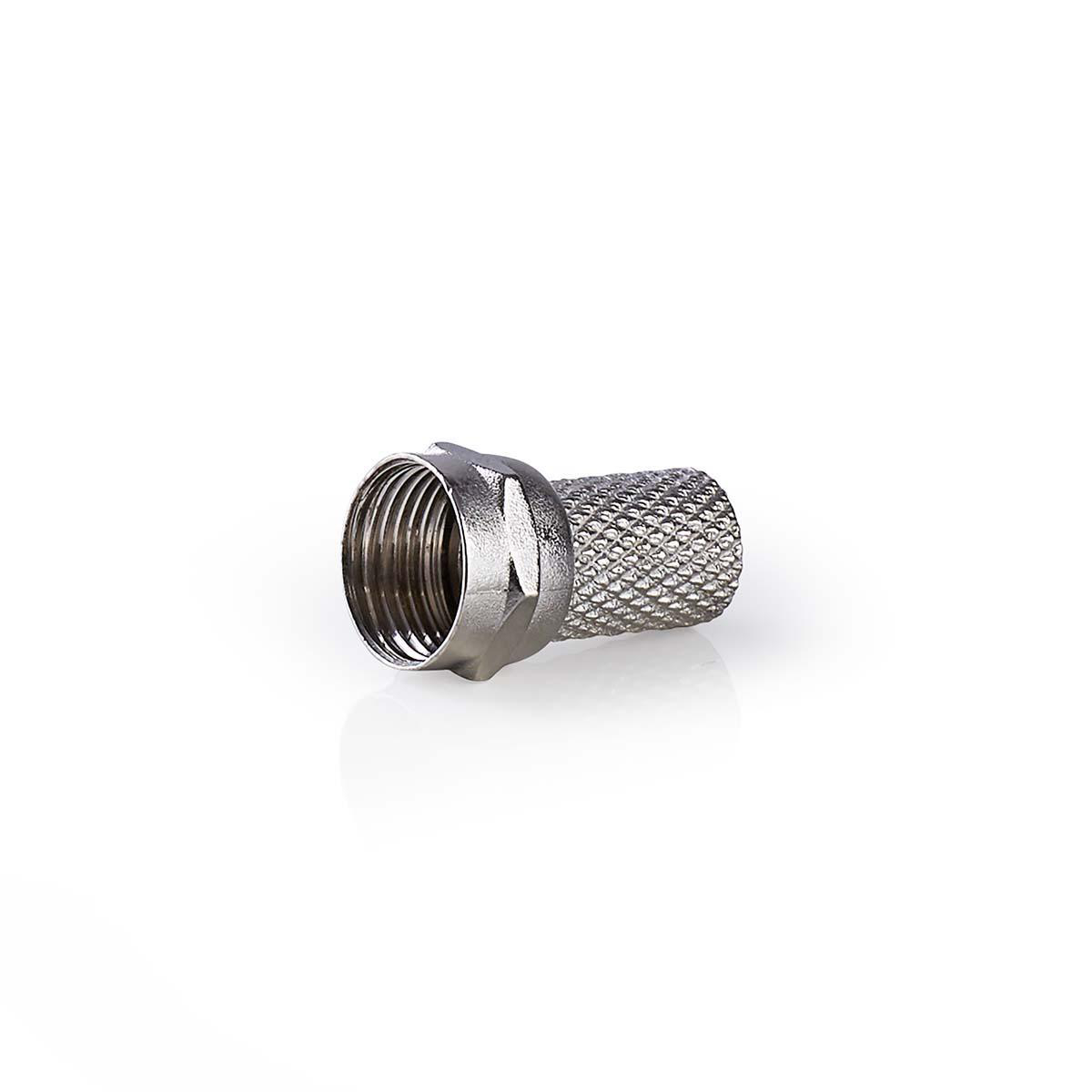 Een zilveren coaxiale connector met een getextureerde grip op een witte achtergrond.