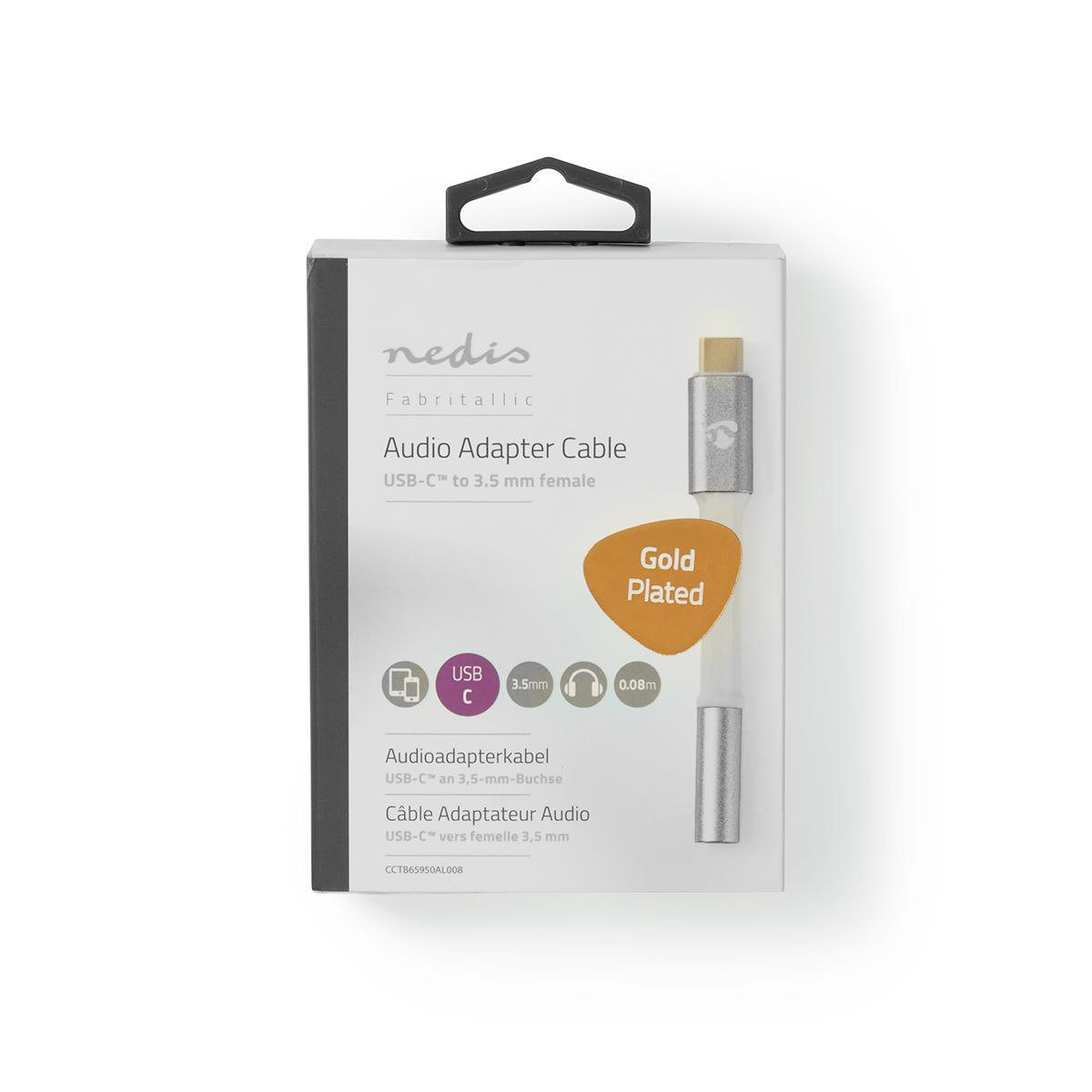 A white and gold audio adapter cable package. It has a USB-C to 3.5mm female connector. The background is white.