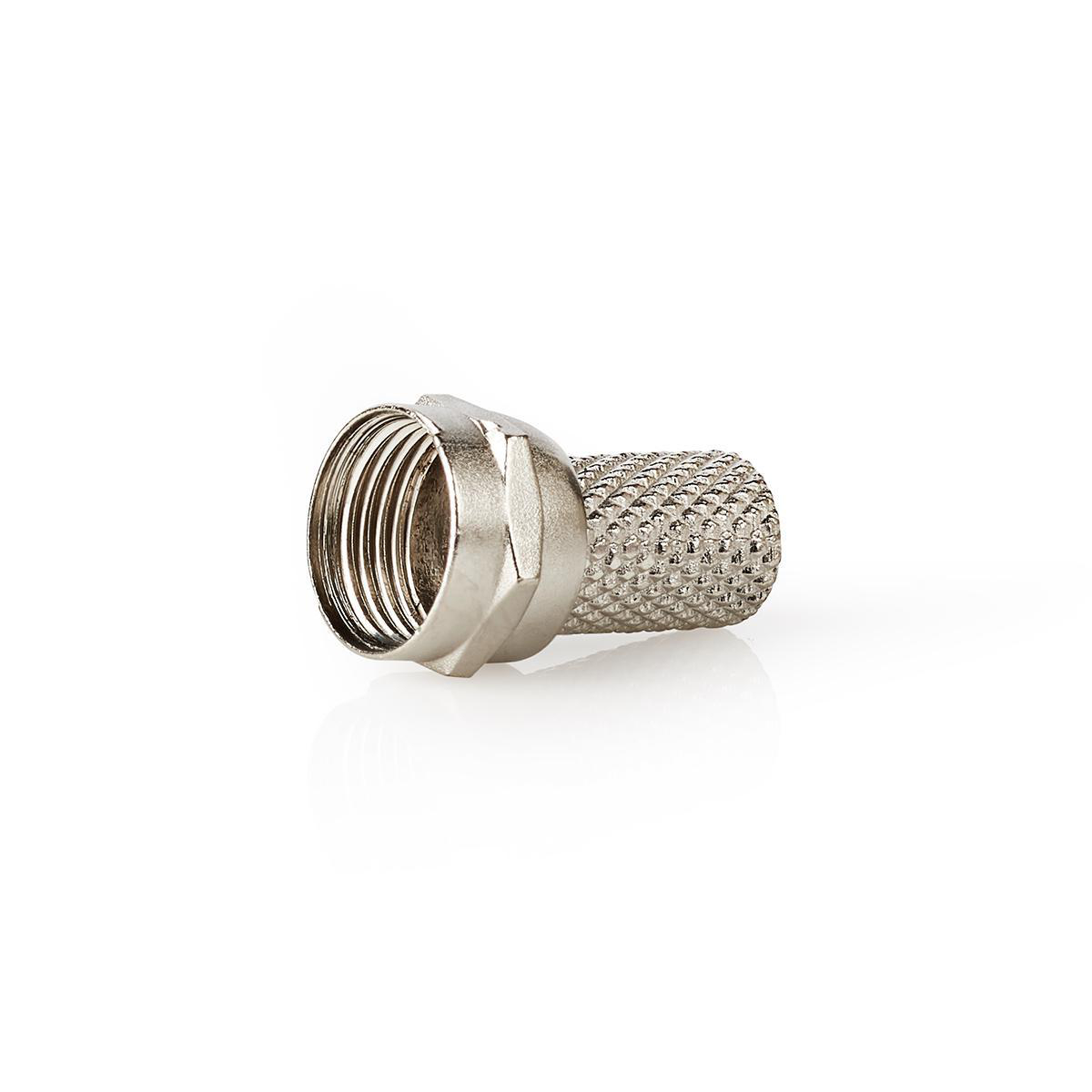 Een zilveren coaxkabelconnector, geïsoleerd op een witte achtergrond.