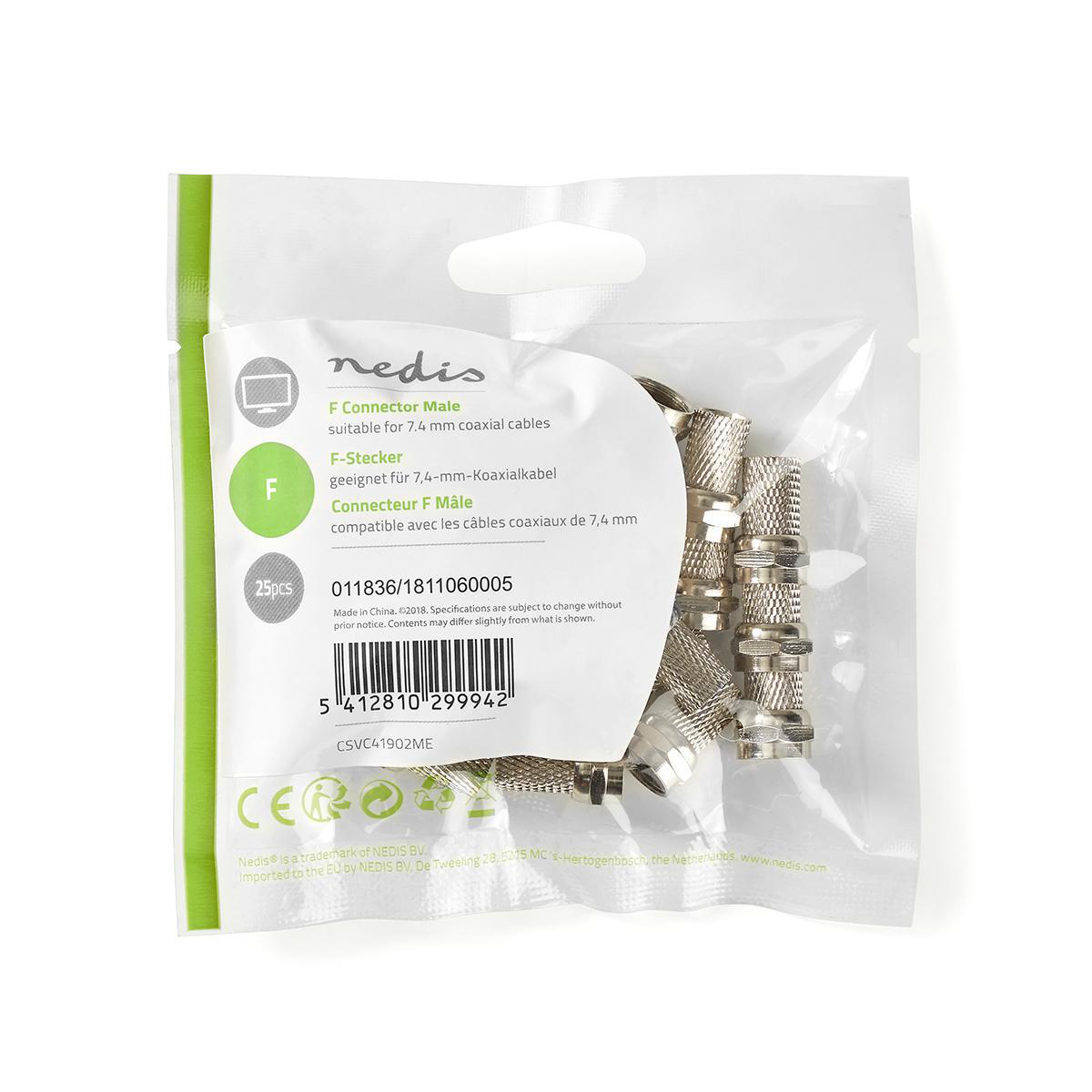 Een doorzichtige plastic zak met F-connectoren. De zak heeft een wit label met productdetails en een logo.