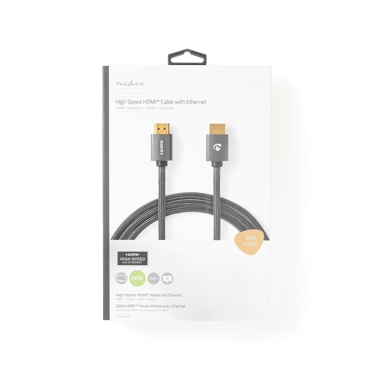 Een witte doos met een HDMI-kabel erin, met tekst en afbeeldingen.