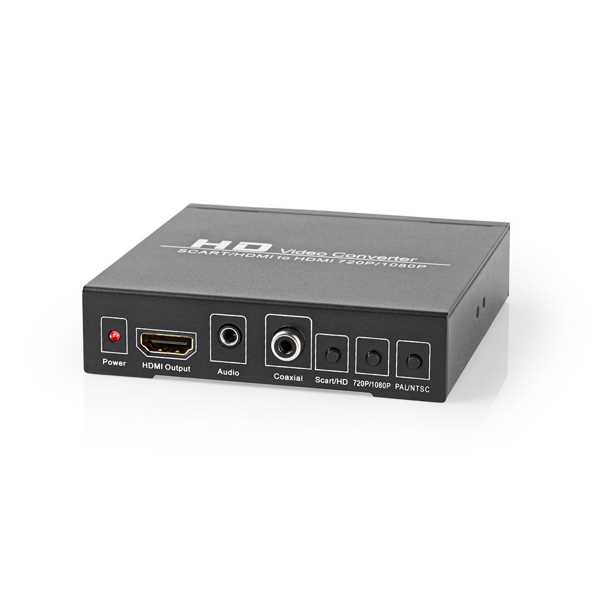 Schwarzer SCART-zu-HDMI-Videokonverter. Verfügt über Strom-, HDMI-Ausgang, Audio-, Koaxial- und SCART/HD-Eingänge.